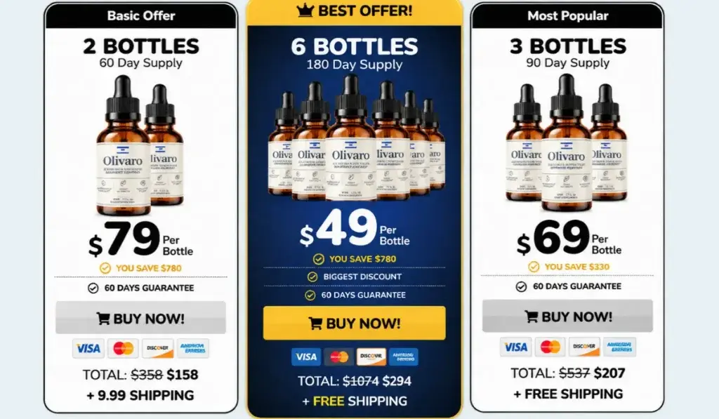 Olivaro Drops package options: 2 bottles, 6 bottles and 3 bottles